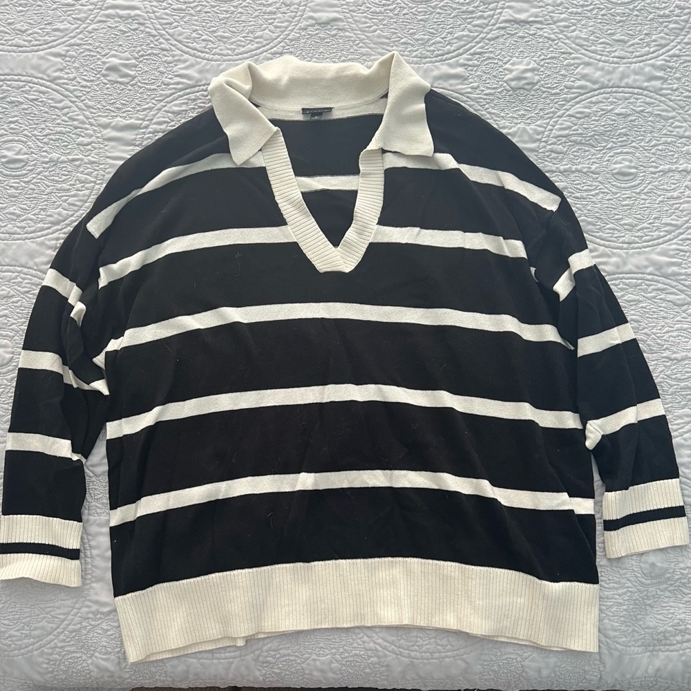 Black and White Striped Johnny Collar Sweater